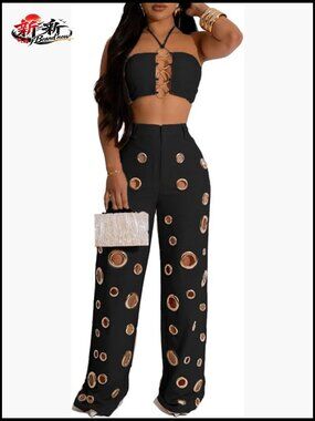 Sexy Hollow Out Two Piece Jumpsuit Set Polyester Spandex Bodycon